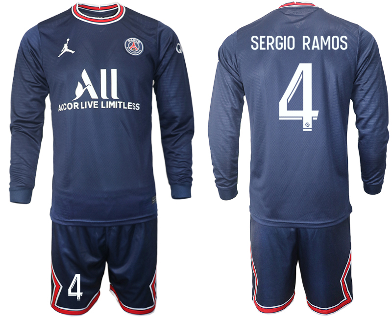 Men 2021-2022 Club Paris St German home blue Long Sleeve #4 Soccer Jersey